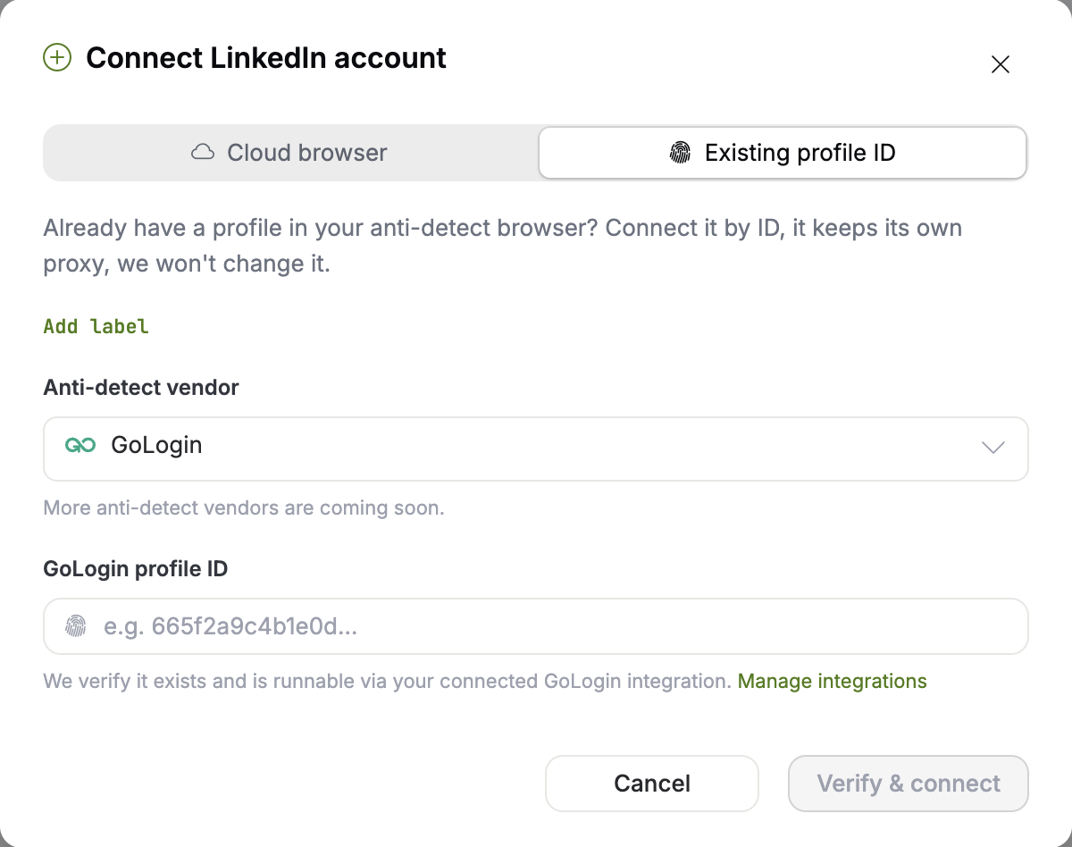 The gtm-api Connect LinkedIn account modal on the Existing profile ID tab, with an empty GoLogin profile ID field and a disabled Verify and connect button