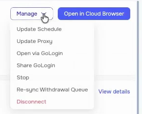 The Manage dropdown on a GetSales sender profile, with the Share GoLogin item visible
