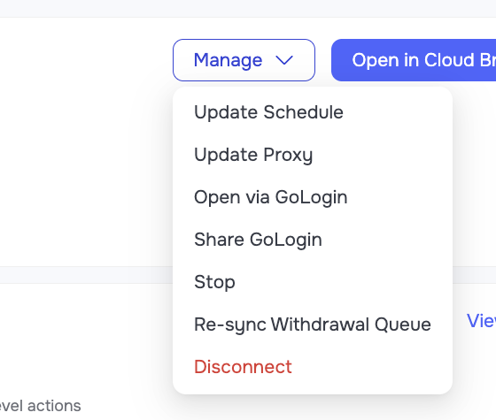 The Manage dropdown on a GetSales sender profile, with the Share GoLogin item visible