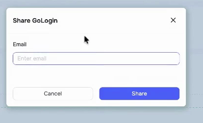 The Share GoLogin dialog in GetSales with an empty email field, Cancel and Share buttons