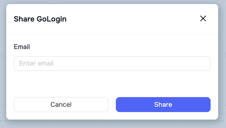The Share GoLogin dialog in GetSales with an empty email field, Cancel and Share buttons