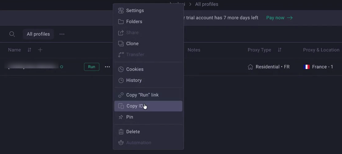 The GoLogin profile list with the three-dot context menu open and Copy ID highlighted