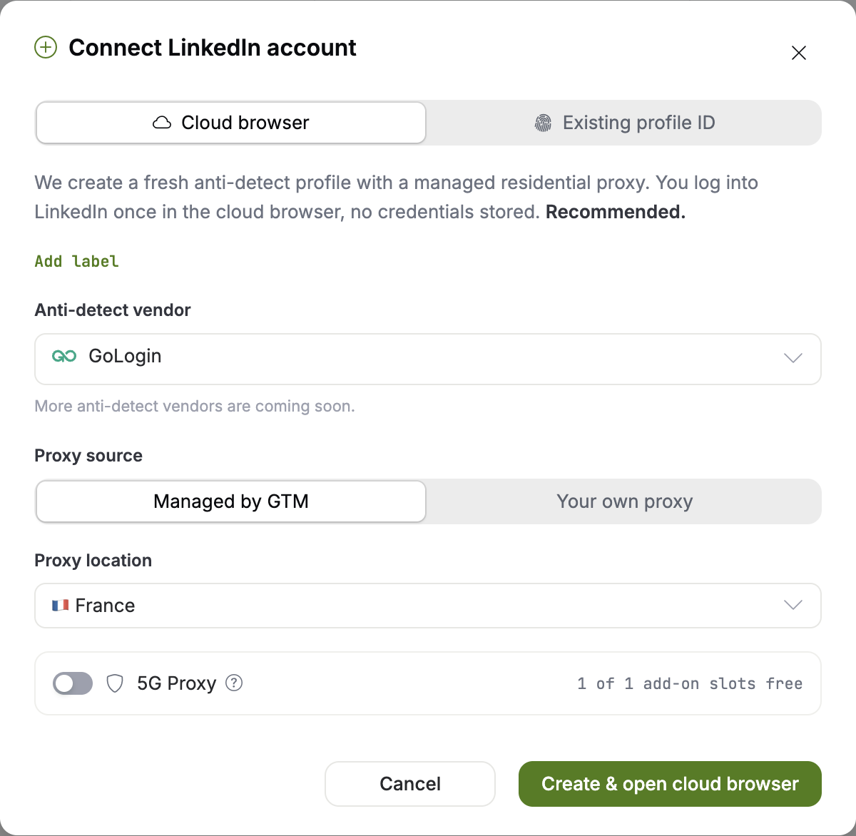 The gtm-api Connect LinkedIn account modal on the Cloud browser tab, showing the anti-detect vendor, proxy source and proxy location fields