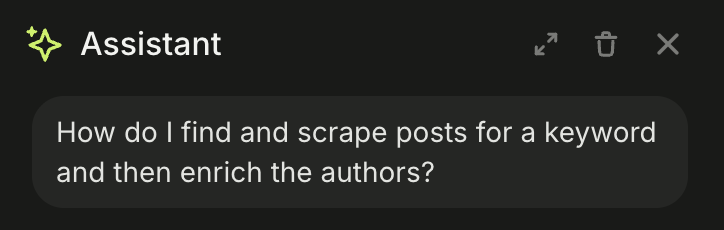 The gtm-api docs Assistant panel, showing its header controls and the first question sitting in the thread