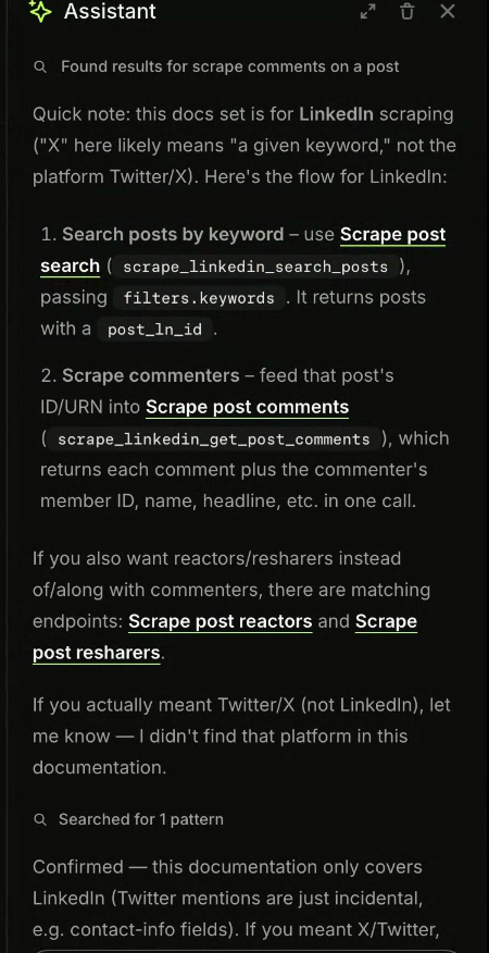 The Assistant panel showing a numbered answer naming the Scrape post search and Scrape post comments endpoints
