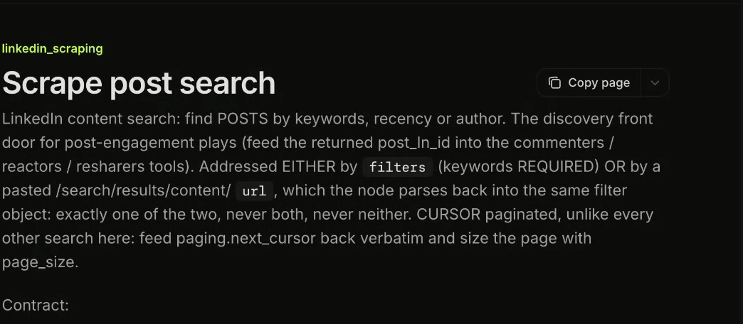 The Scrape post search page in the gtm-api API reference, showing its description and contract