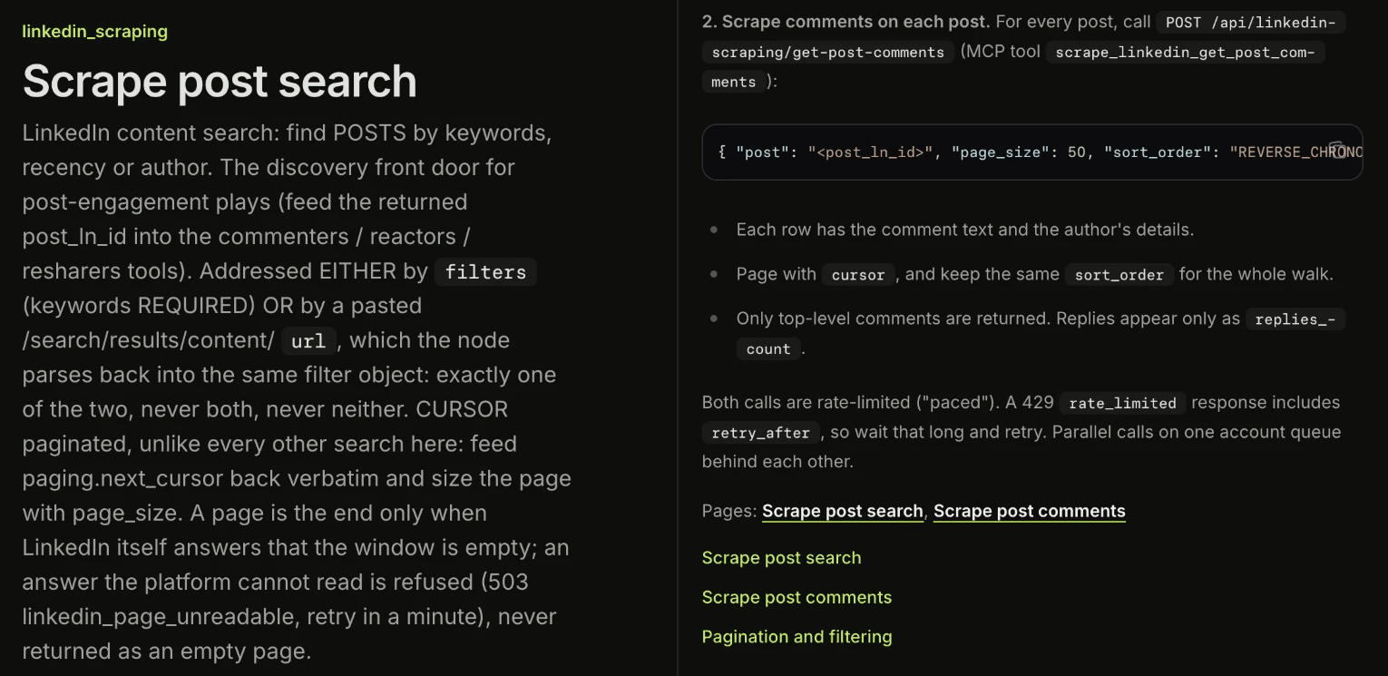 The Scrape post search reference page in the gtm-api.com docs next to the end of the assistant's answer, which links to it