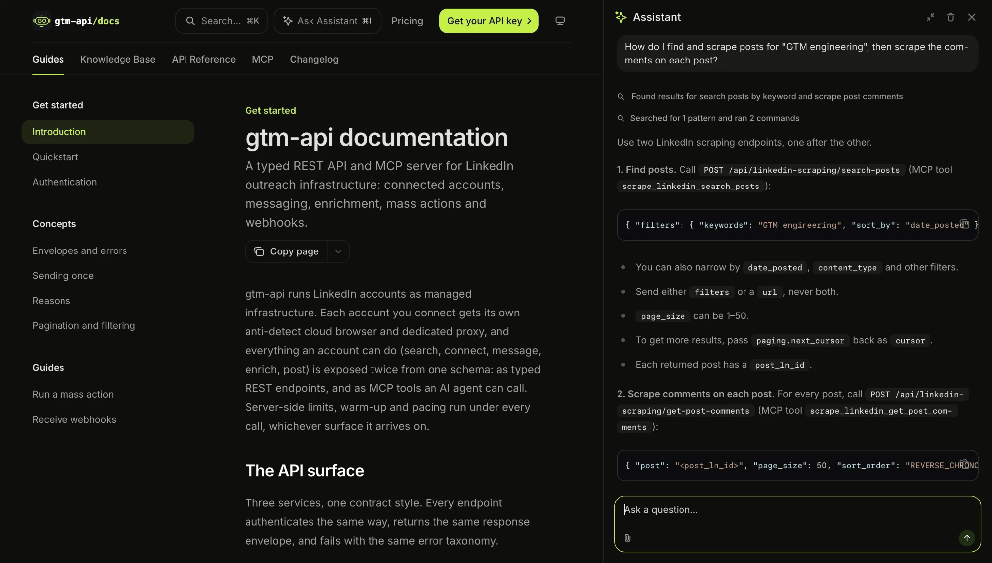 The gtm-api.com docs with the Assistant panel open on the right, answering the GTM engineering question in two numbered steps